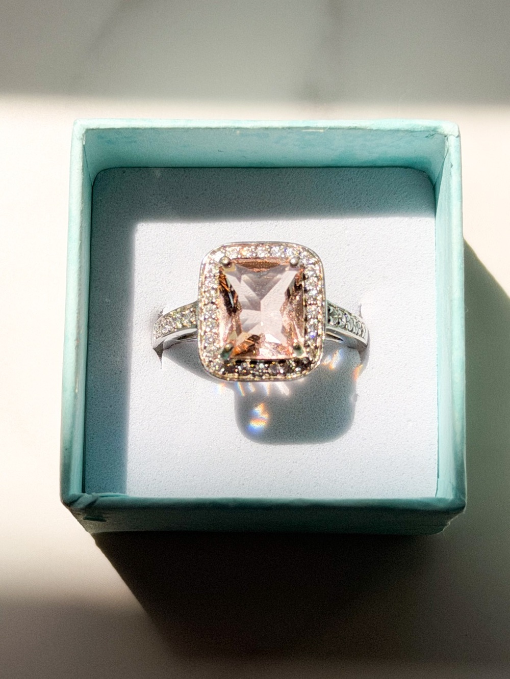 Peach Pink CZ Statement Ring Rhodium Plated Halo Large Cocktail Ring 7